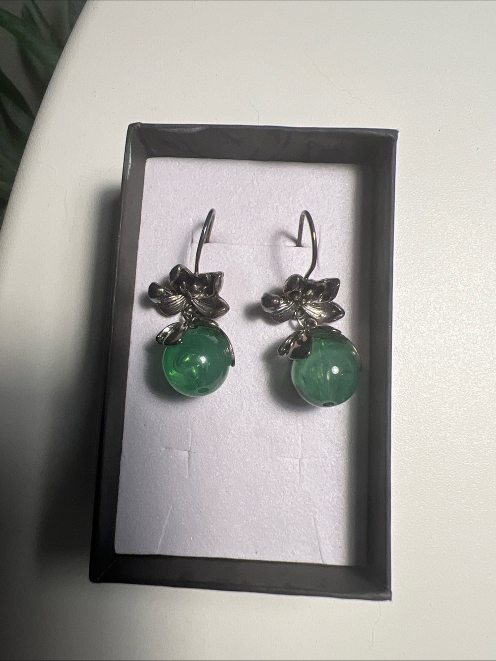 Lotus Flower Drop Earrings Green Jade Stone Dangle Boho